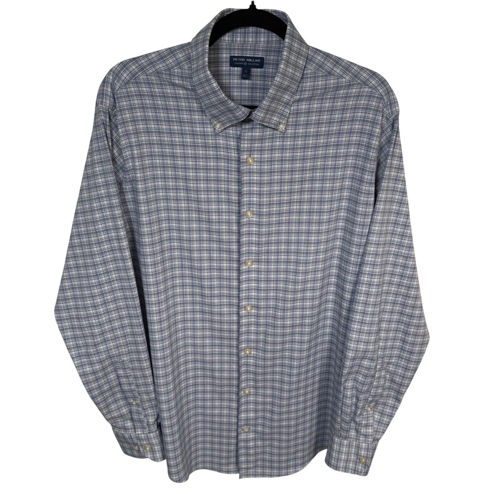 Peter Millar Crown Crafted Men Large Blue Plaid Performance Shirt Stretch UPF 50